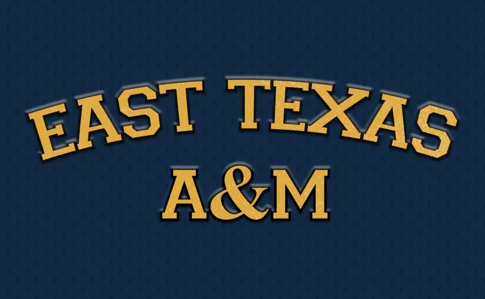 East Texas A&M logo on a navy blue textured background.