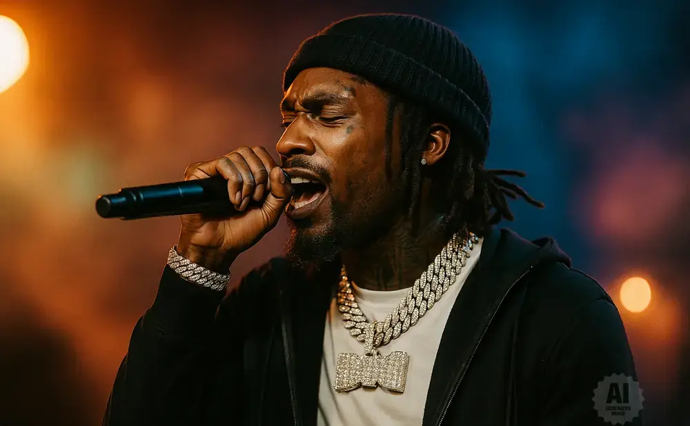 Rapper with dreadlocks and diamond jewelry performs on stage, singing into a microphone.