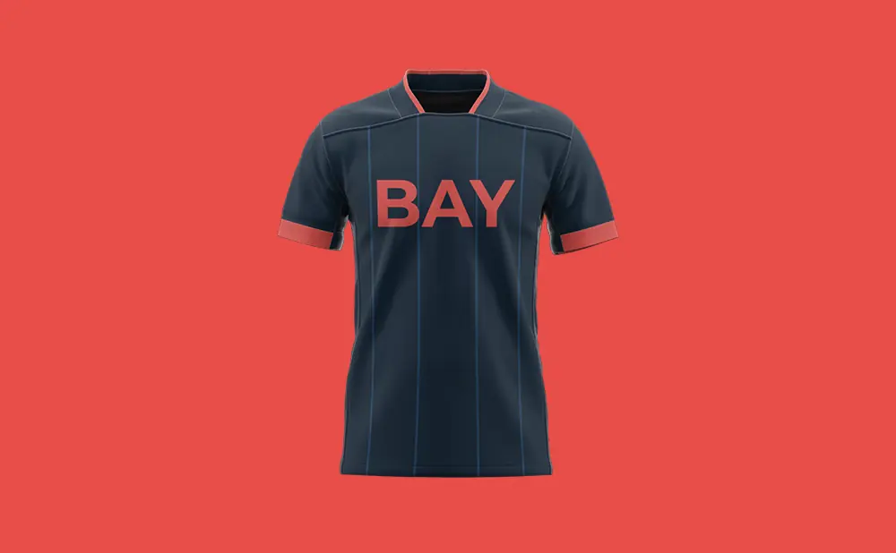 A dark blue soccer jersey with thin blue vertical stripes and 