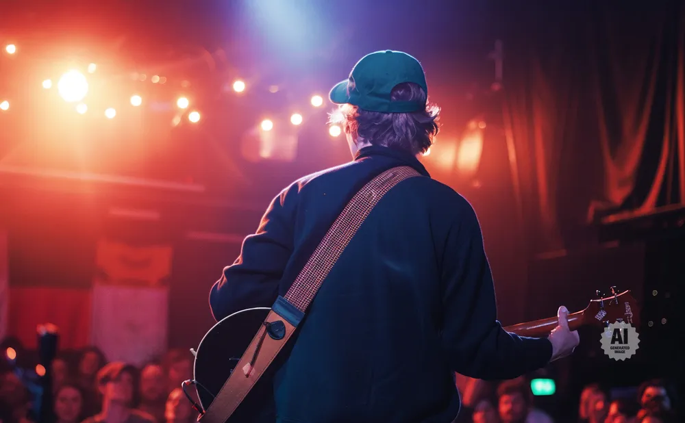 A guitarist in a green hat plays on a brightly lit stage in front of a cheering crowd.