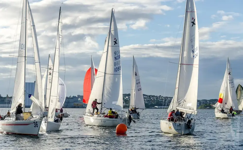 Sailboats racing on a sunny day with fluffy clouds and a distant cityscape.