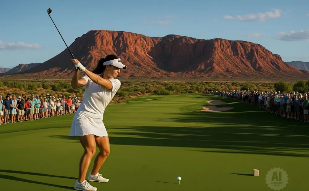 Golfer swings club with a large crowd watching, red mountains in background.