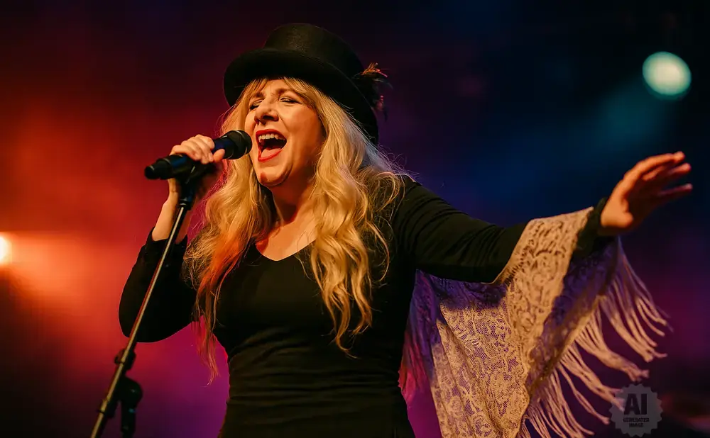 Singer in a black hat and lace shawl sings into a microphone on a dimly lit stage with colored lights.