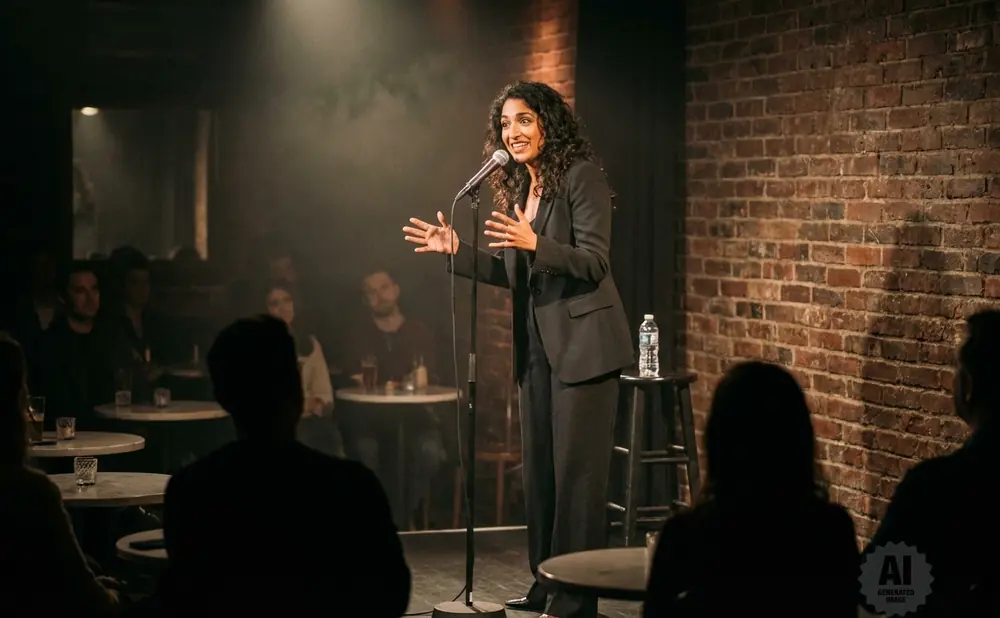 A woman in a black suit performs stand-up comedy on stage in front of a brick wall, with audience members watching from dimly lit tables.