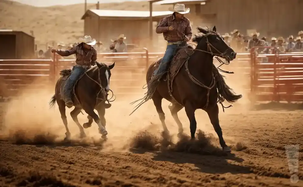 Two cowboys on horseback race through dust at a rodeo, with spectators in the background.