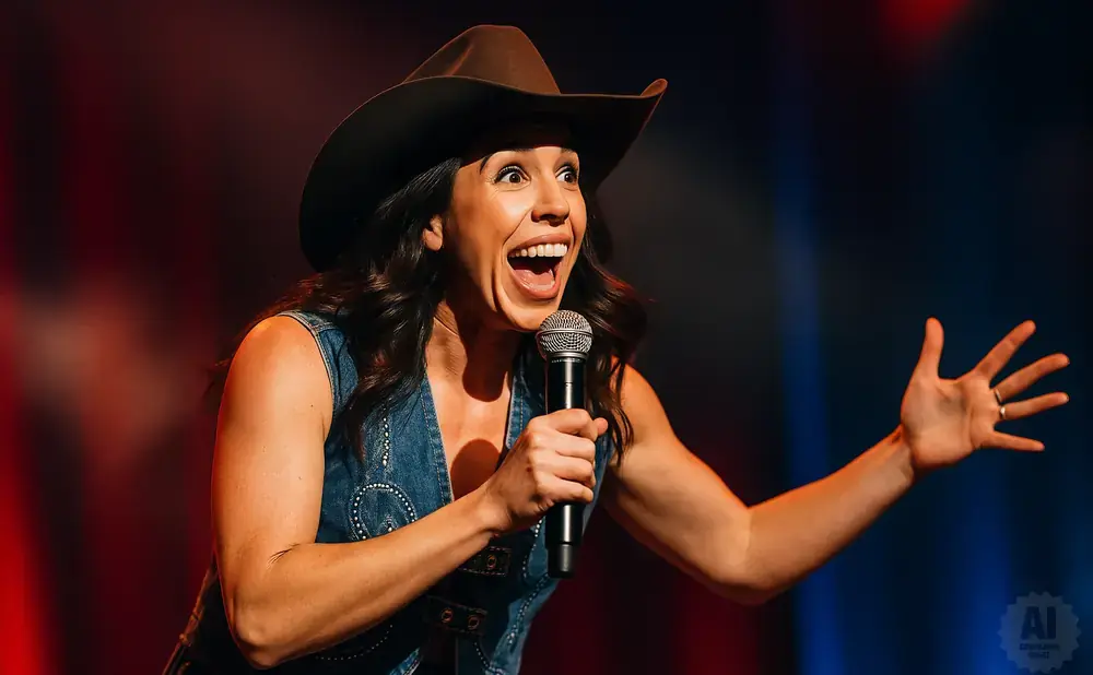 A woman in a cowboy hat and denim vest tells a joke into a microphone, with her hands gesturing animatedly.