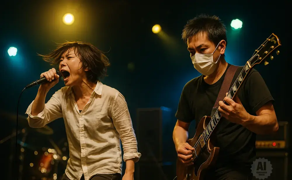 A female singer with her mouth open and a male guitarist wearing a mask perform on stage.