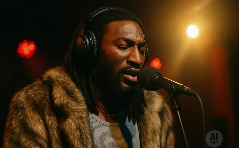 A Black man with dreadlocks wears headphones and a fur coat while singing into a microphone.