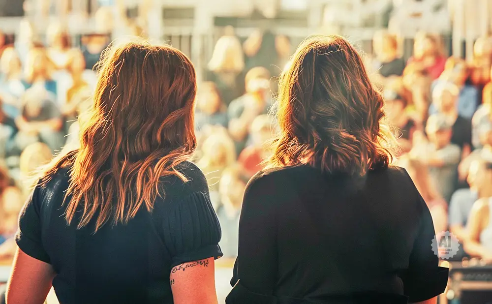 Two women with auburn hair facing away from the camera, with an audience in the blurred background.