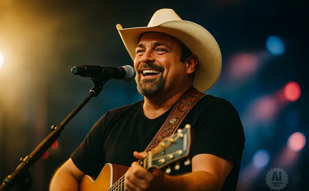 A smiling man in a cowboy hat plays guitar and sings into a microphone on stage.