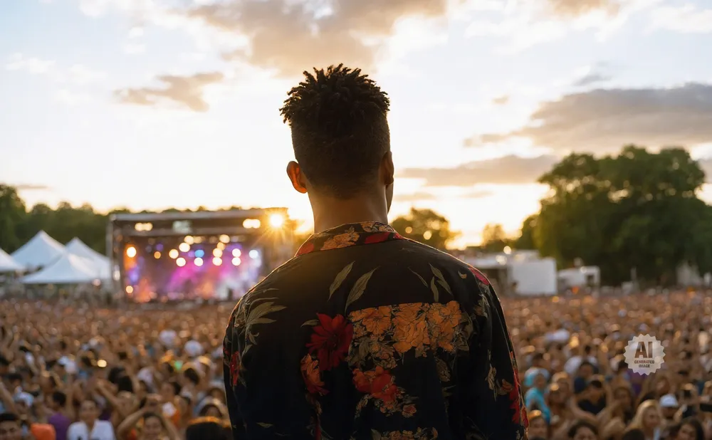 A person with dreadlocks faces away from the camera, wearing a floral shirt at an outdoor concert with a large crowd.