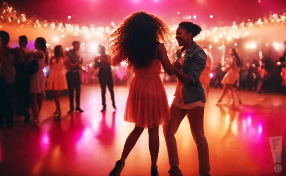 Two women dance at a lively party with colorful lights and other people blurred in the background.