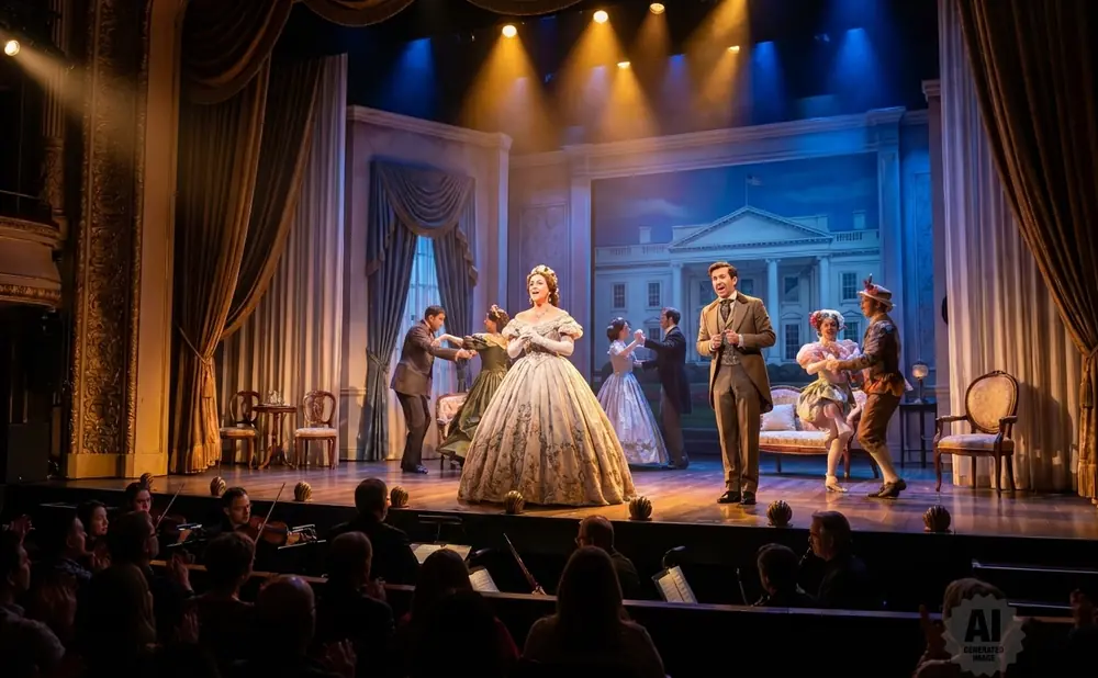 A theatrical performance with dancers, actors, and an orchestra on stage.