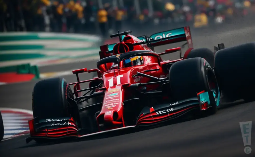 A red Formula 1 car with the number 11 on the front speeds around a track.