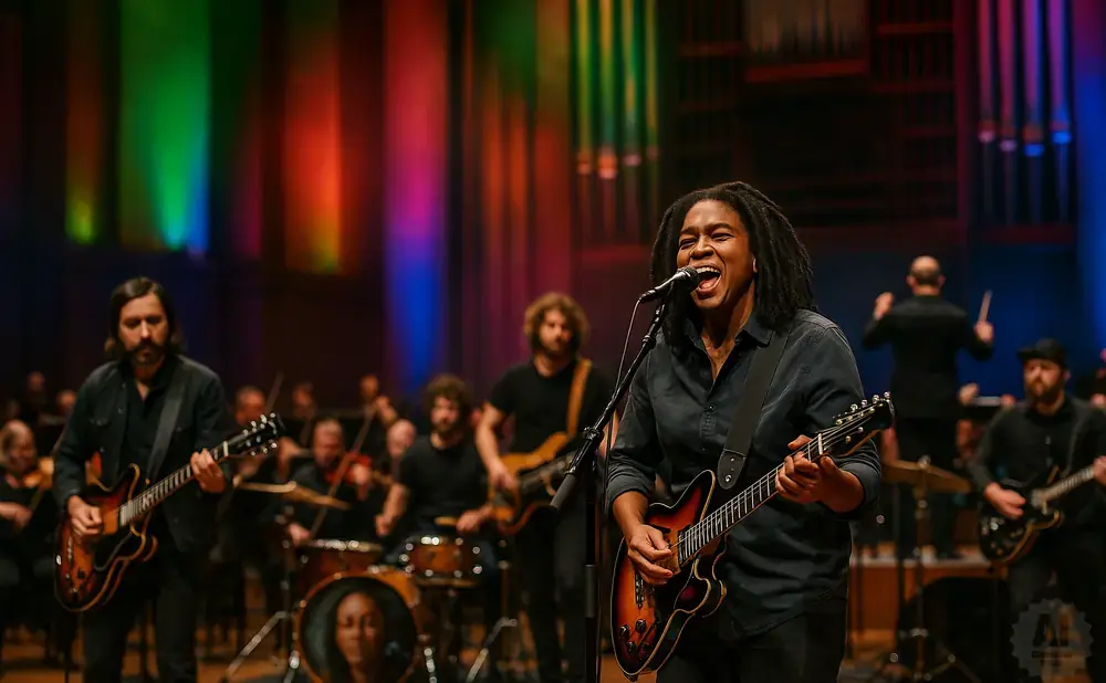 A Black woman sings and plays guitar on stage, with an orchestra behind her.