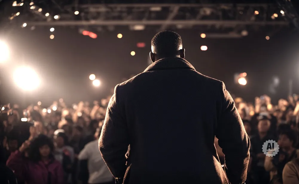 A person in a dark coat stands facing a cheering crowd, illuminated by stage lights.