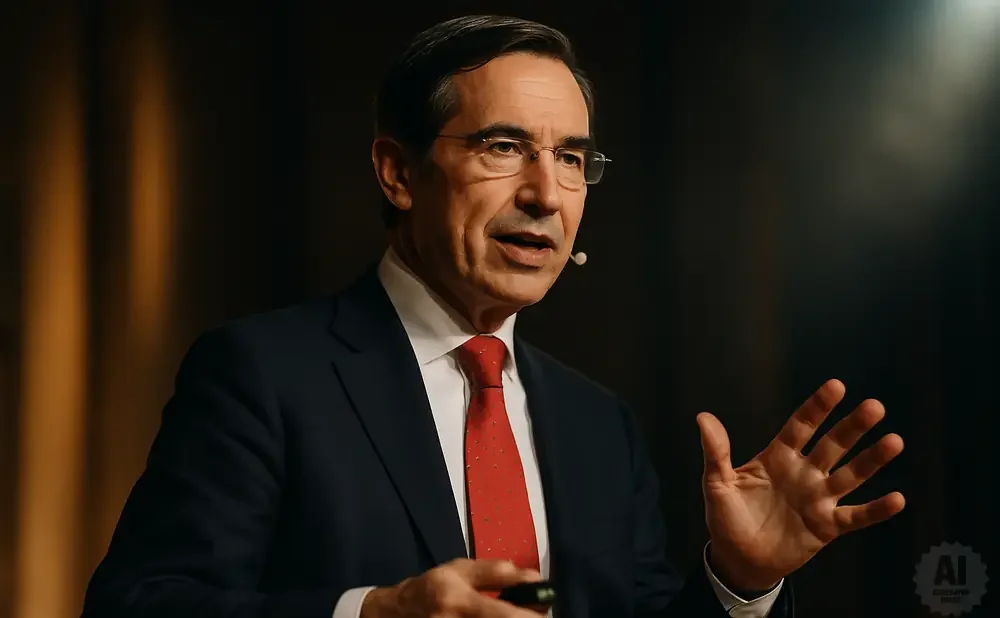 Man in a dark suit and red tie, wearing glasses, gestures with his hands while speaking.