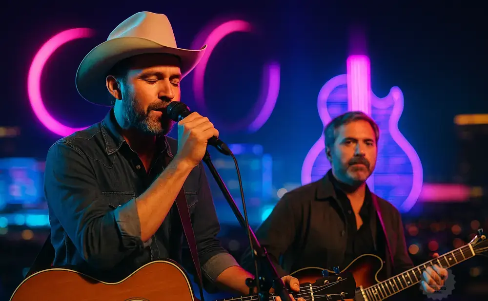 A country singer in a cowboy hat performs with a band on a stage with neon guitar and circle accents.