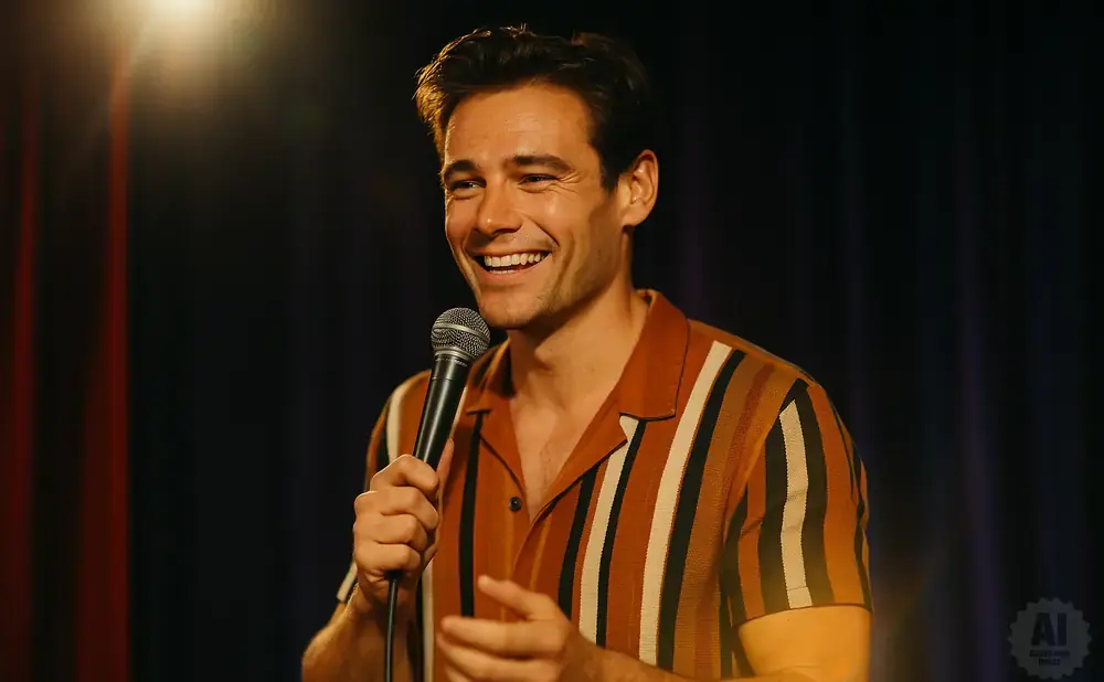 A smiling man in a striped shirt holds a microphone on a dimly lit stage with red curtains.