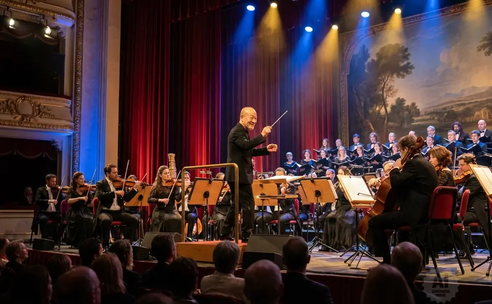 A conductor in a tuxedo smiles and directs an orchestra with a baton and raised finger.