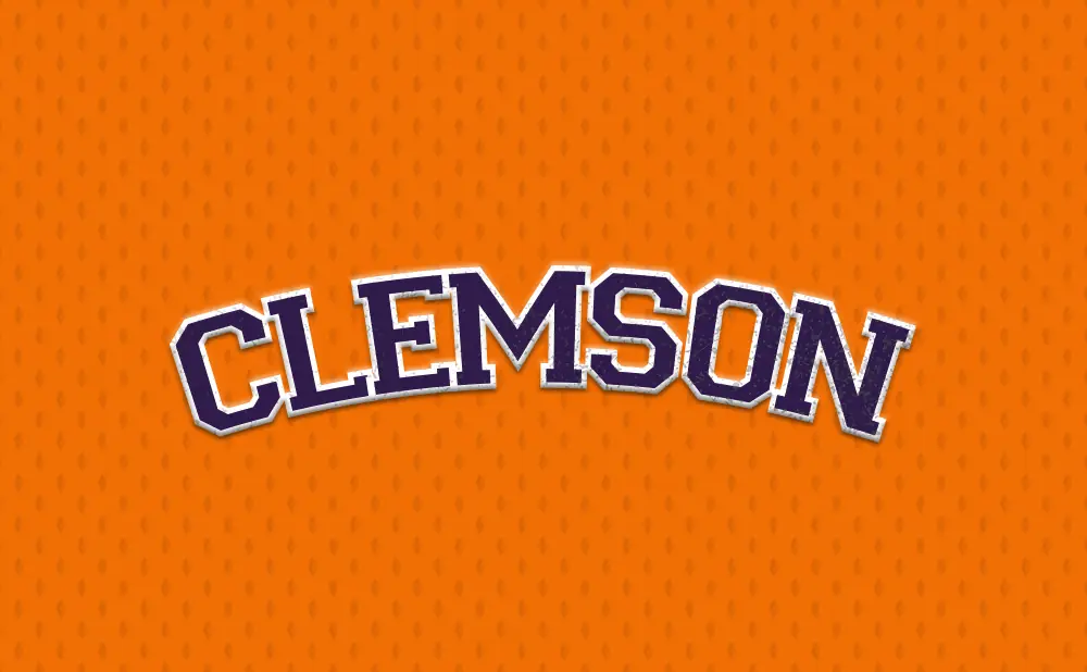 Clemson text on an orange background with a subtle diamond pattern.