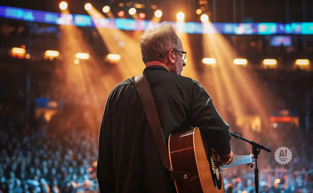 Musician with acoustic guitar on stage, back to camera, illuminated by stage lights, in front of a blurred audience.