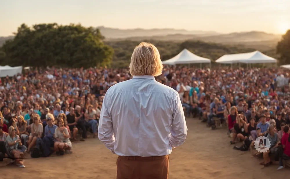 A man with blond hair stands with his back to the camera, facing a large crowd at an outdoor event.