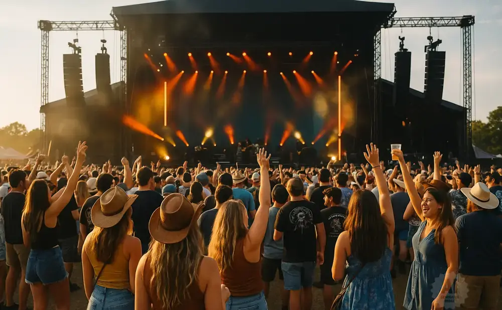 Crowd at an outdoor concert with hands raised, cheering as a band performs on a brightly lit stage.