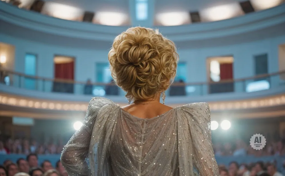 Rear view of a woman with a bouffant blonde hairstyle wearing a sparkly, off-the-shoulder dress in a theater.