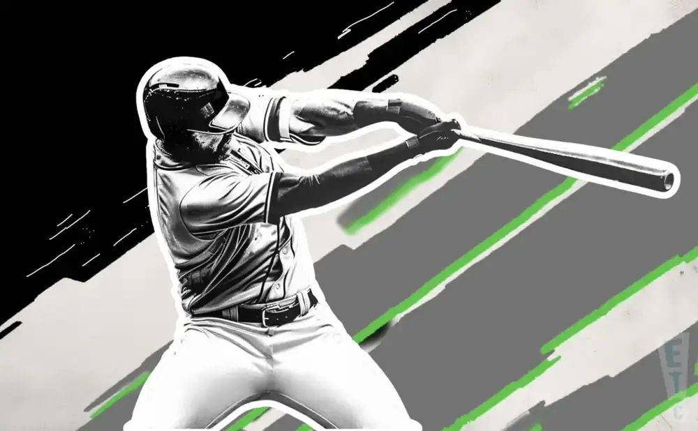 A stylized black and white illustration of a baseball player swinging a bat with green accents.