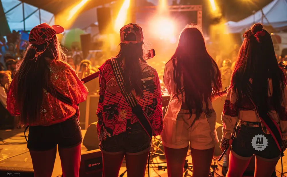 Four women in festival attire on a stage, backlit by bright lights.