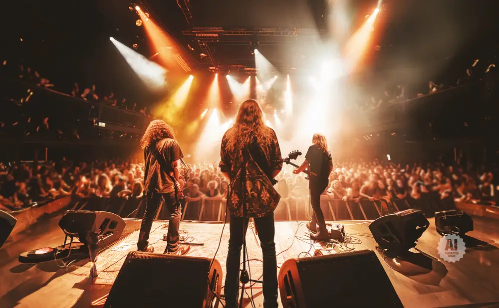 Three long-haired guitarists perform on stage in front of a large, blurred audience, illuminated by dramatic stage lighting.