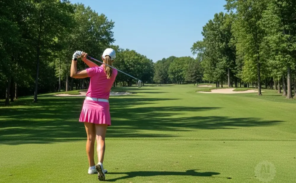 Golfer in pink swings at a golf course with trees and a sand trap.