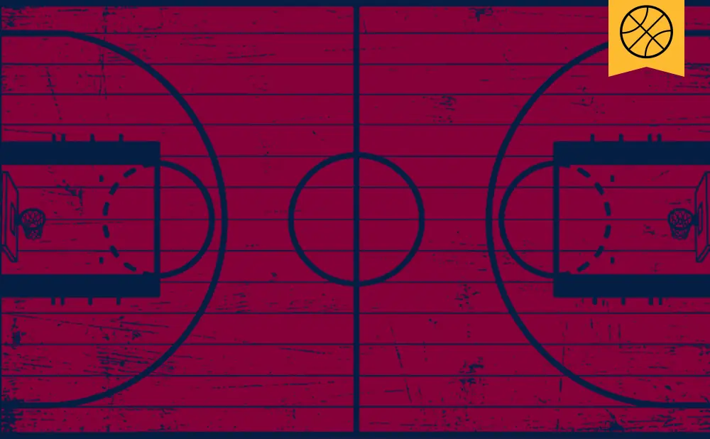 A stylized basketball court with a distressed wood texture and a basketball icon on a yellow banner.