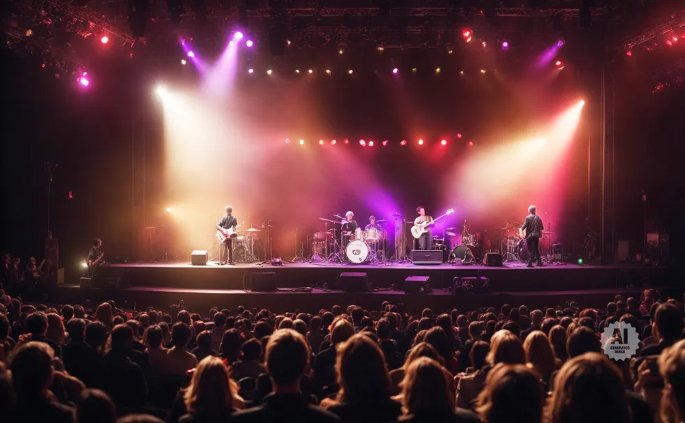 A band performs on a brightly lit stage for a large audience in a concert hall.