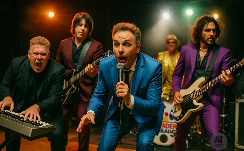 A band performs on stage, with a singer in a blue suit at the front, a keyboardist to his left, and guitarists and a drummer behind.