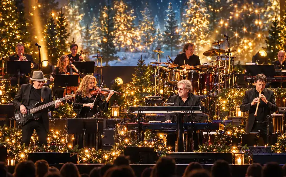 A band performs holiday music on a stage decorated with Christmas trees and lights.