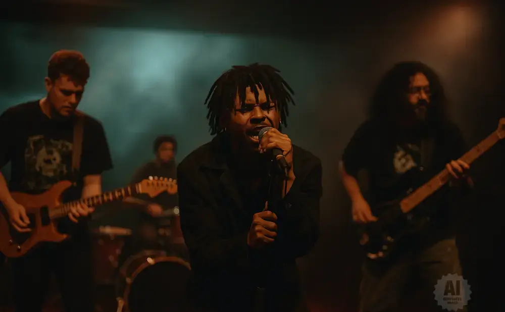A band performs on stage with a singer at the microphone, guitarist on the left, and bassist on the right.