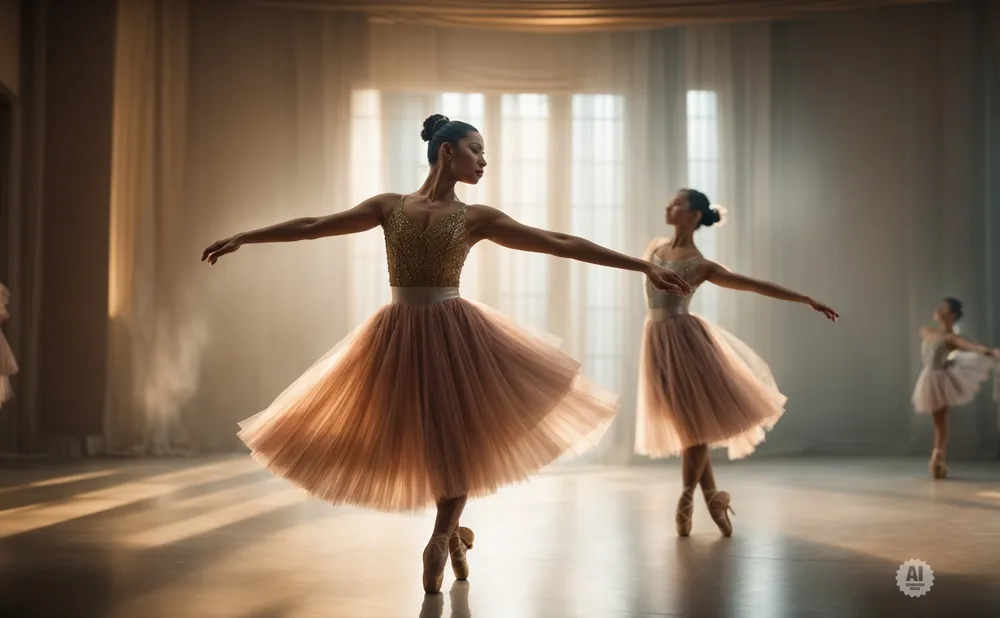 Ballerinas in pink tutus dance in a sunlit studio.
