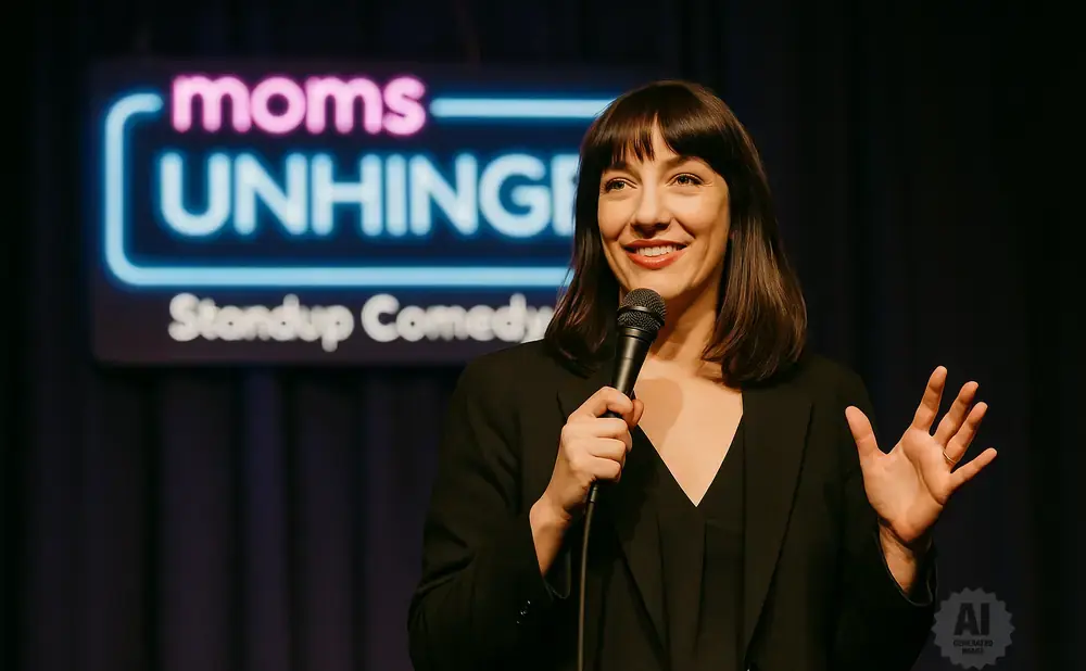 A woman with bangs smiles and holds a microphone on stage in front of a 