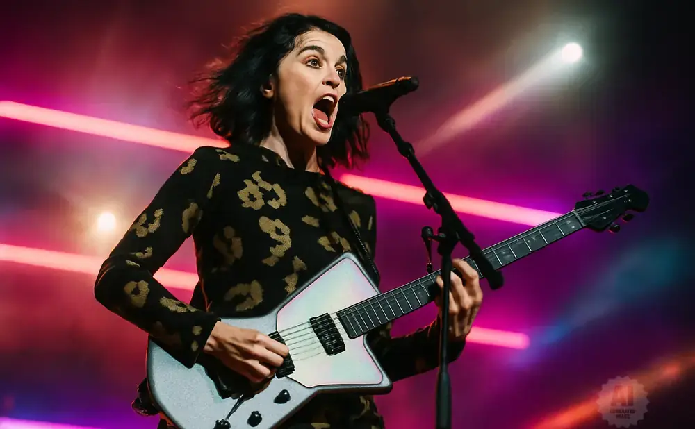 Singer with black hair and leopard print shirt plays a guitar on stage with pink and purple lights.