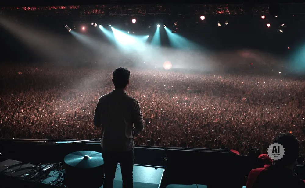A DJ stands on stage facing a massive, cheering crowd with their hands in the air.