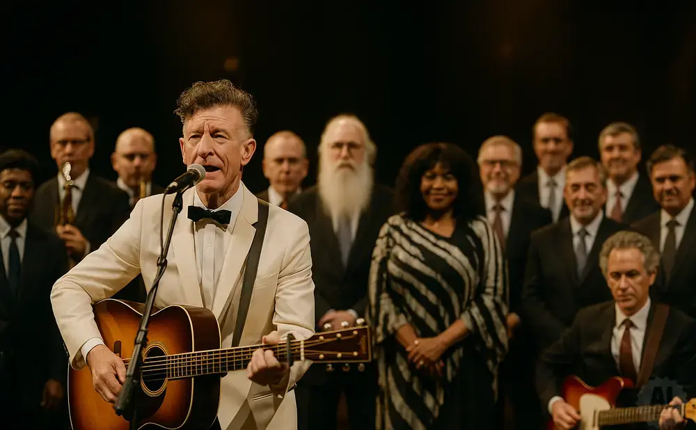A man in a white suit sings and plays guitar, with a choir behind him.
