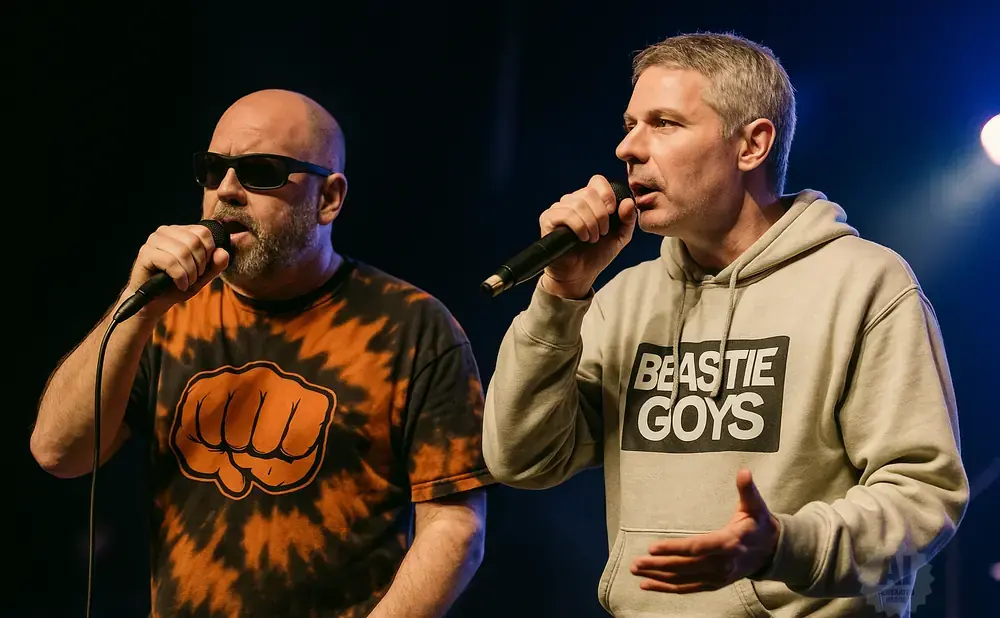 Two men with microphones on stage, one wearing sunglasses and a tie-dye shirt, the other a gray hoodie with 