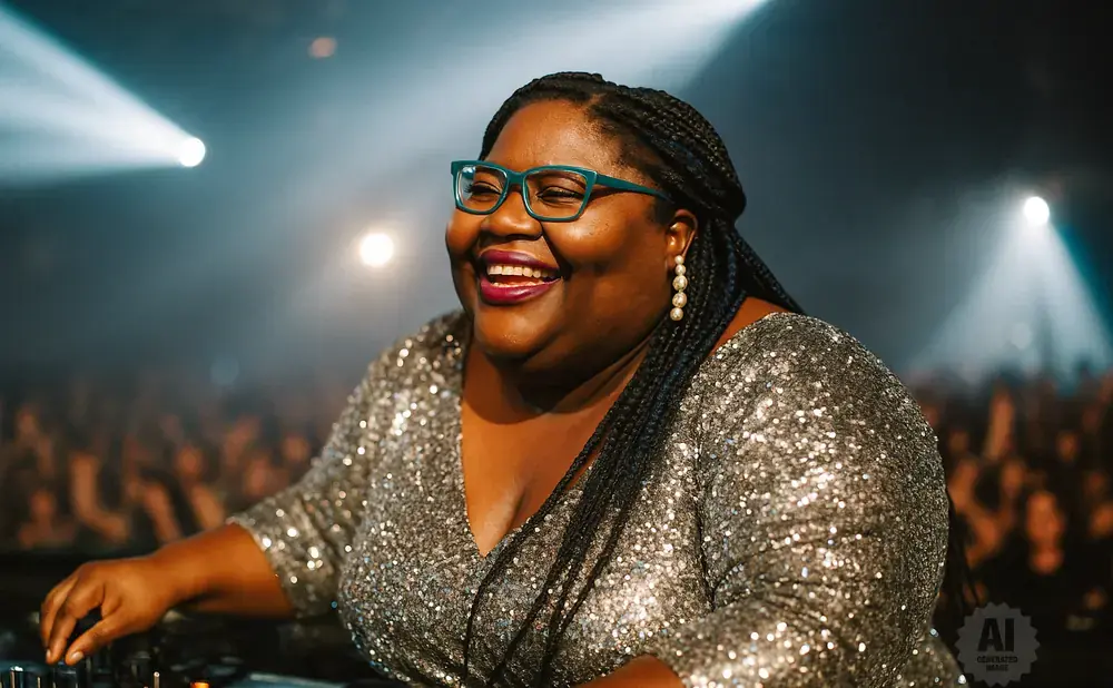 A Black woman with braids and glasses smiles while DJing in a sequined dress, with a crowd and spotlights in the background.