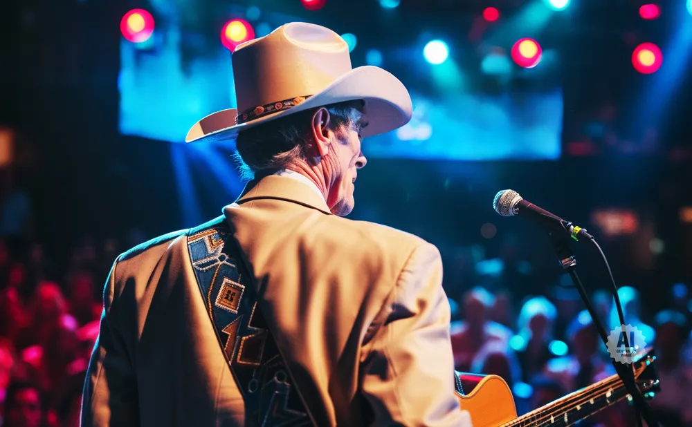 A cowboy on stage with a guitar and microphone, back to the camera, under colorful stage lights.