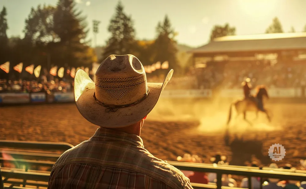 Cowboy watches rodeo action in a dusty arena at sunset.