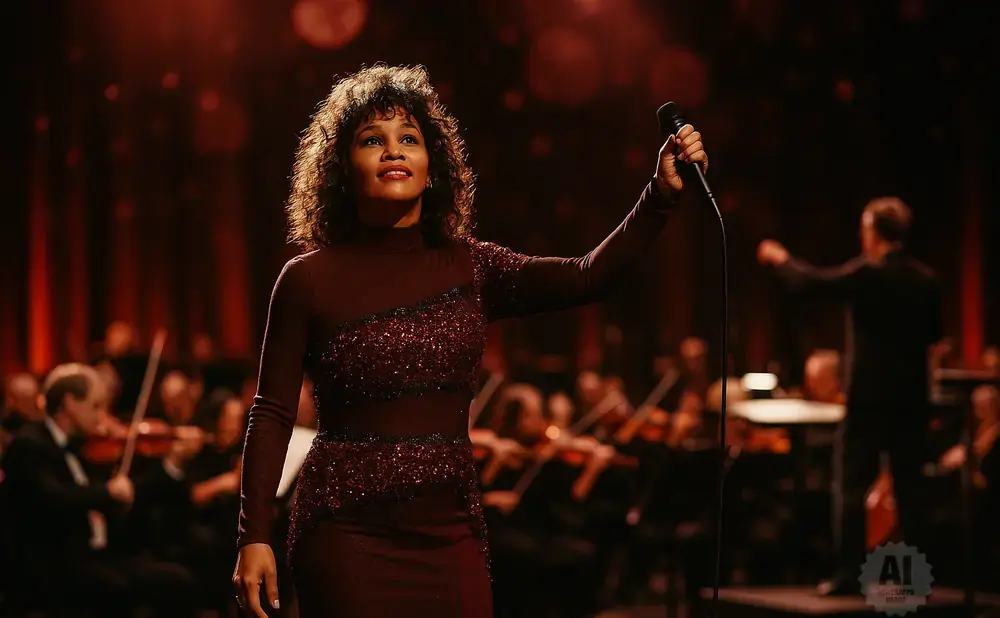 Singer Whitney Houston on stage with an orchestra, holding a microphone.