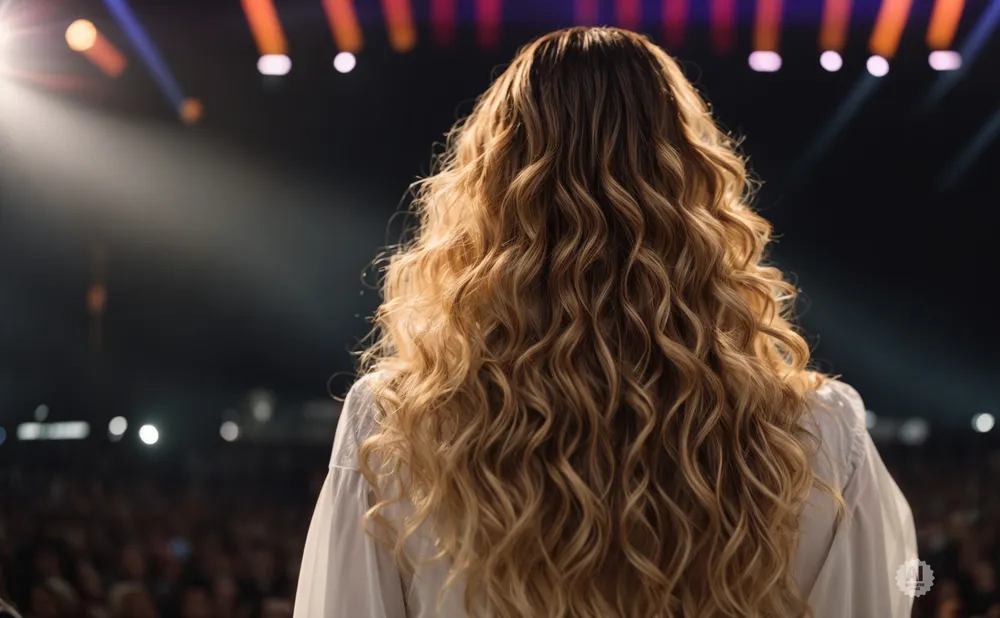 Woman with long, curly blonde hair facing away from camera on a stage with bright lights and a blurred audience.