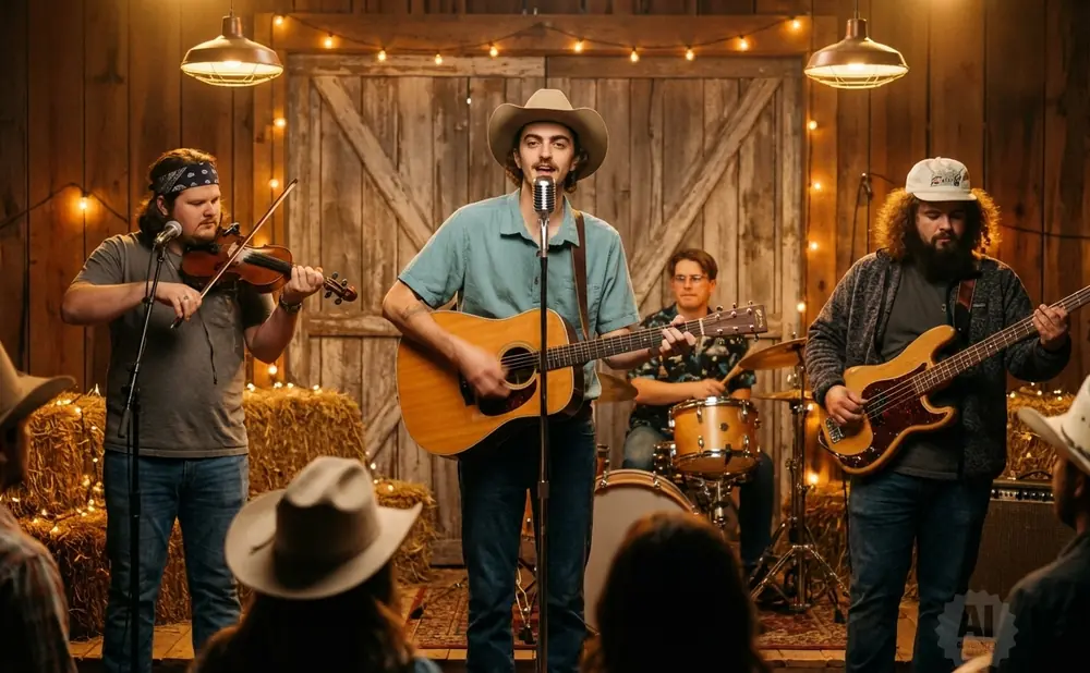 A band of musicians performing on stage. Two guitarists, a bassist, and another musician are visible, playing their instruments.